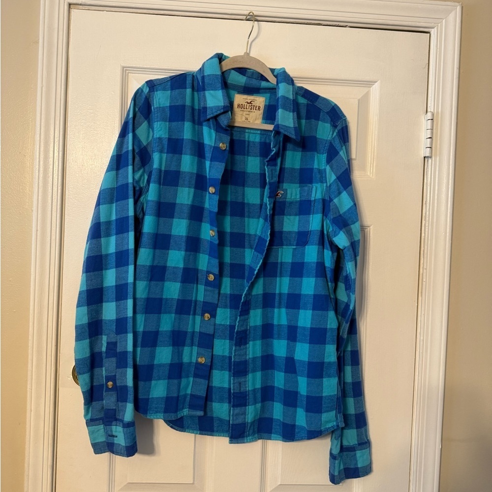 Hollister Teal and Navy Plaid Button-Down Shirt